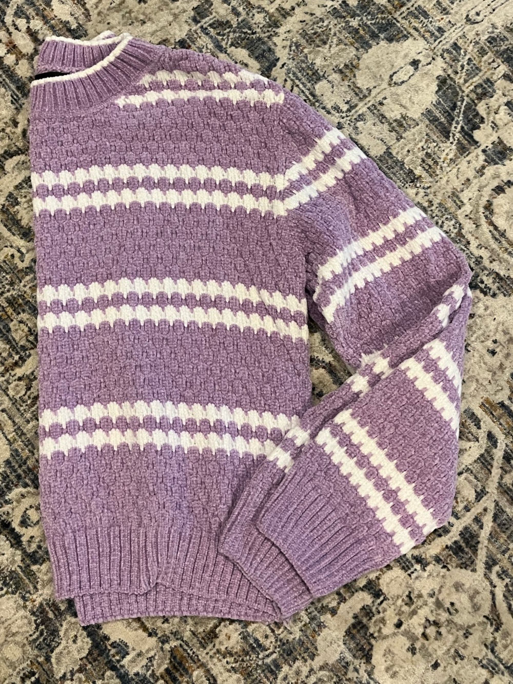 Chic Happens Lavender Striped Crewneck Sweater with White Accents size Large